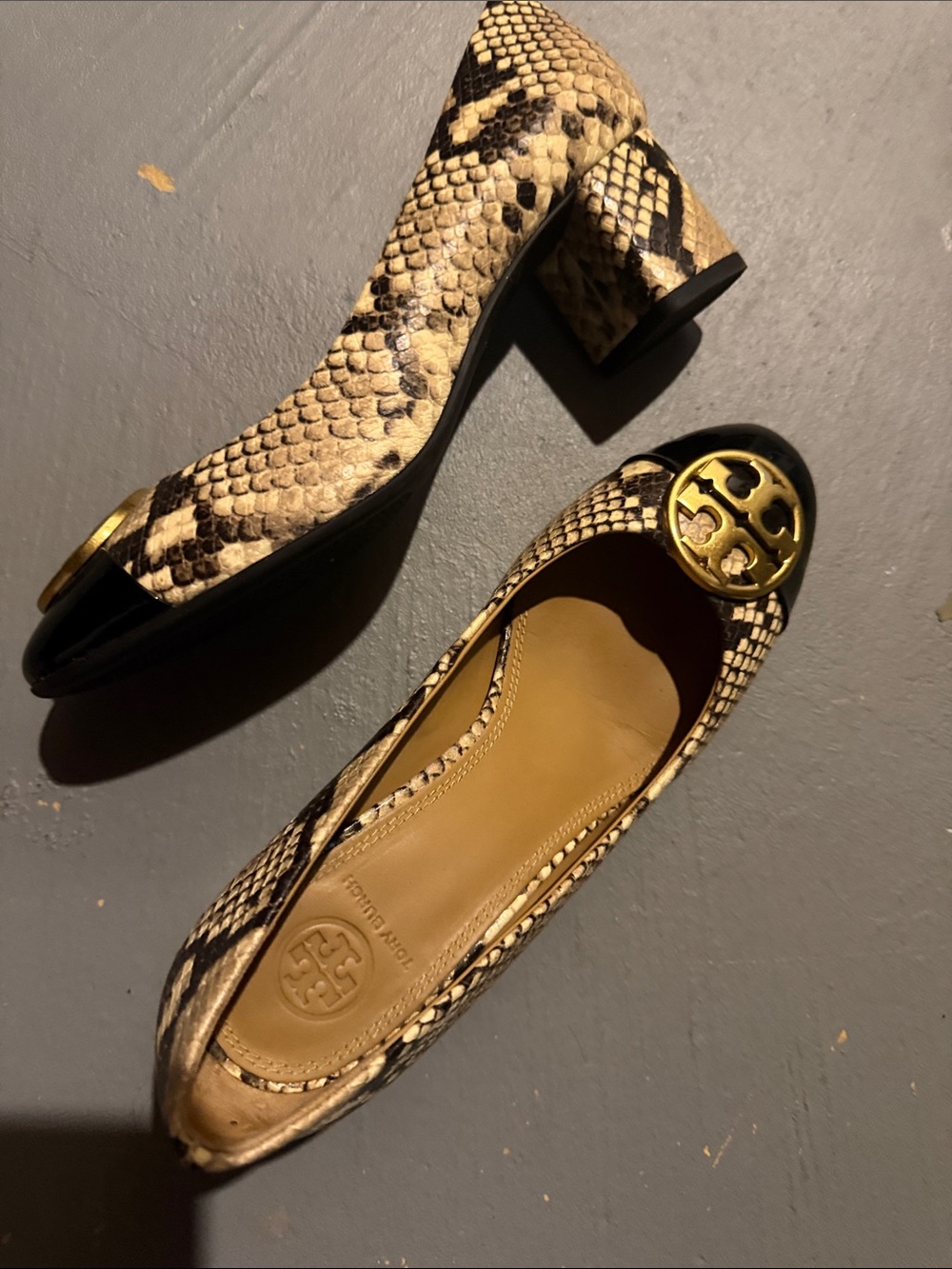 Tory Burch Snake-Print Block Heel Pumps in Beige, Black and Gold